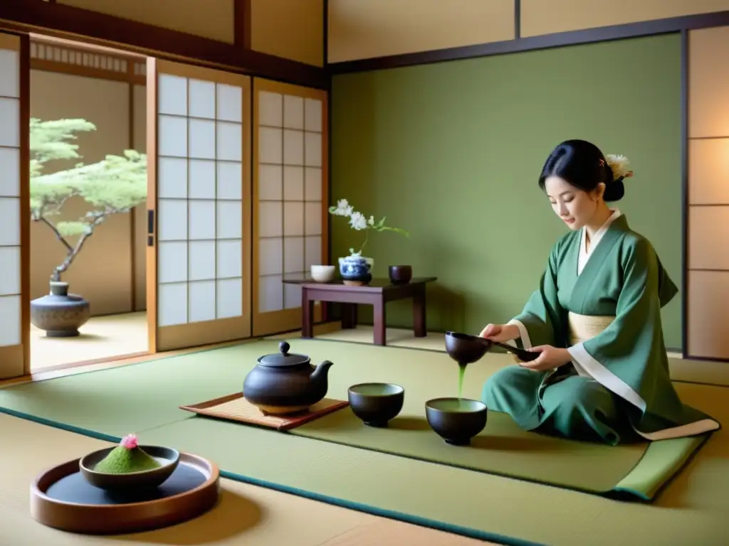 Una hermosa ceremonia del té y aikido japonés en una sala serena con tatamis, iluminada por una cálida luz, llena de tranquilidad y riqueza cultural