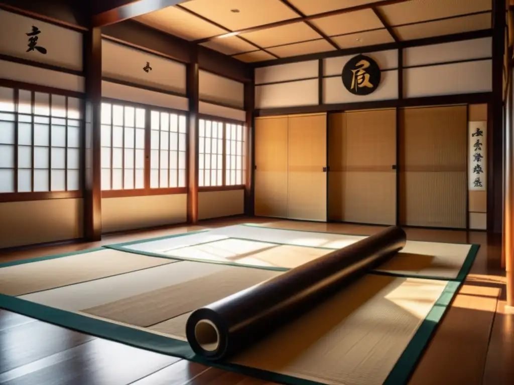 Una hermosa escena de un dojo de artes marciales tradicionales, con maestro y estudiantes practicando movimientos precisos