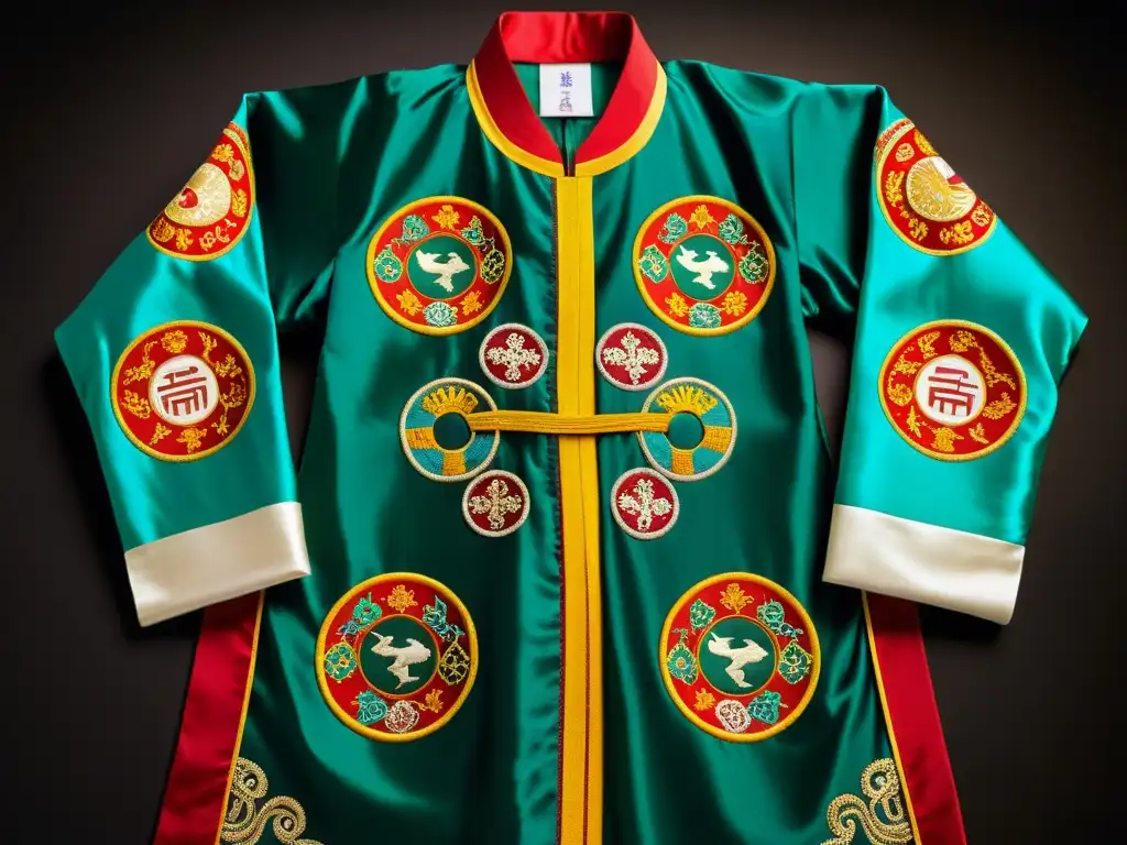 Un hermoso y colorido kimono de seda china antiguo, bordado con símbolos tradicionales y motivos que representan la historia y la cultura del Kung Fu