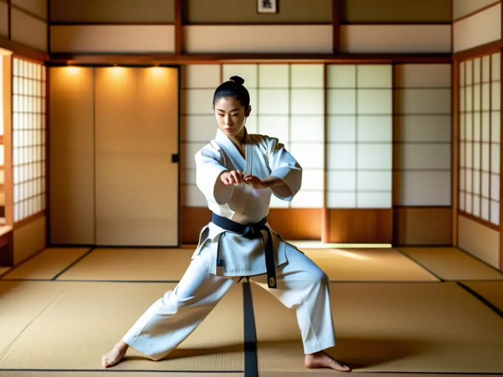 Hermoso dojo japonés con maestro de Aikido y Jodo demostrando movimientos precisos con jojo, mientras estudiantes practican en el fondo