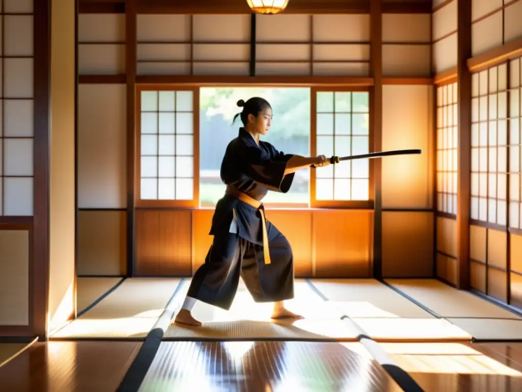 Herramientas de entrenamiento de Aikido y Jodo en un dojo japonés tradicional con una atmósfera de disciplina y dedicación atemporal