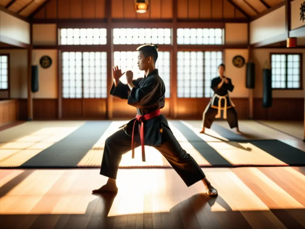 Herramientas tecnológicas para entrenamiento marcial en un dojo con luz solar, sombras dramáticas y un instructor demostrando técnicas a estudiantes