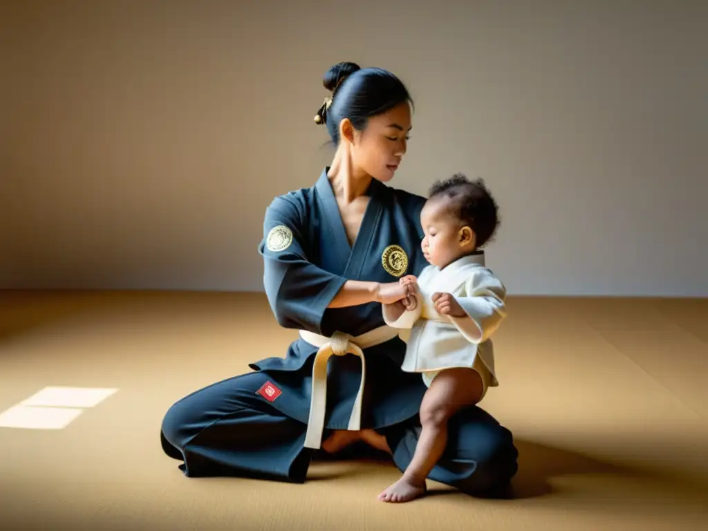 Madre e hijo practicando artes marciales juntos en un estudio sereno, reflejando la práctica marcial en vida familiar con gracia y determinación