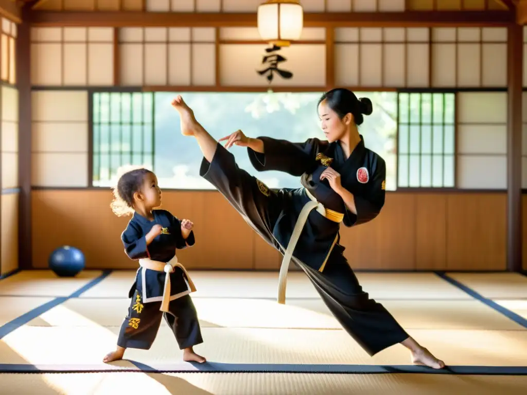 Madre e hijo practican juntos en un dojo soleado, reflejando la práctica marcial en vida familiar con gracia y determinación