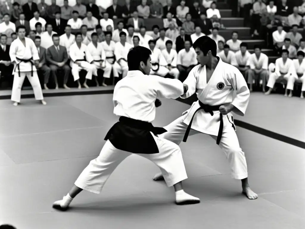 Historia del karate deportivo competitivo: emocionante competencia en blanco y negro en los años 60, con luchadores y espectadores entregados