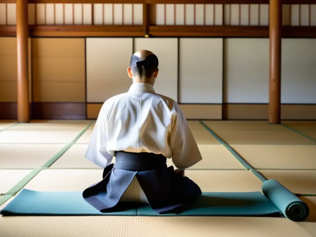 Historia y técnica del Aikido: Imagen documental de un dojo sereno en Japón, con práctica tradicional en tatamis y maestros enseñando técnicas fluidas