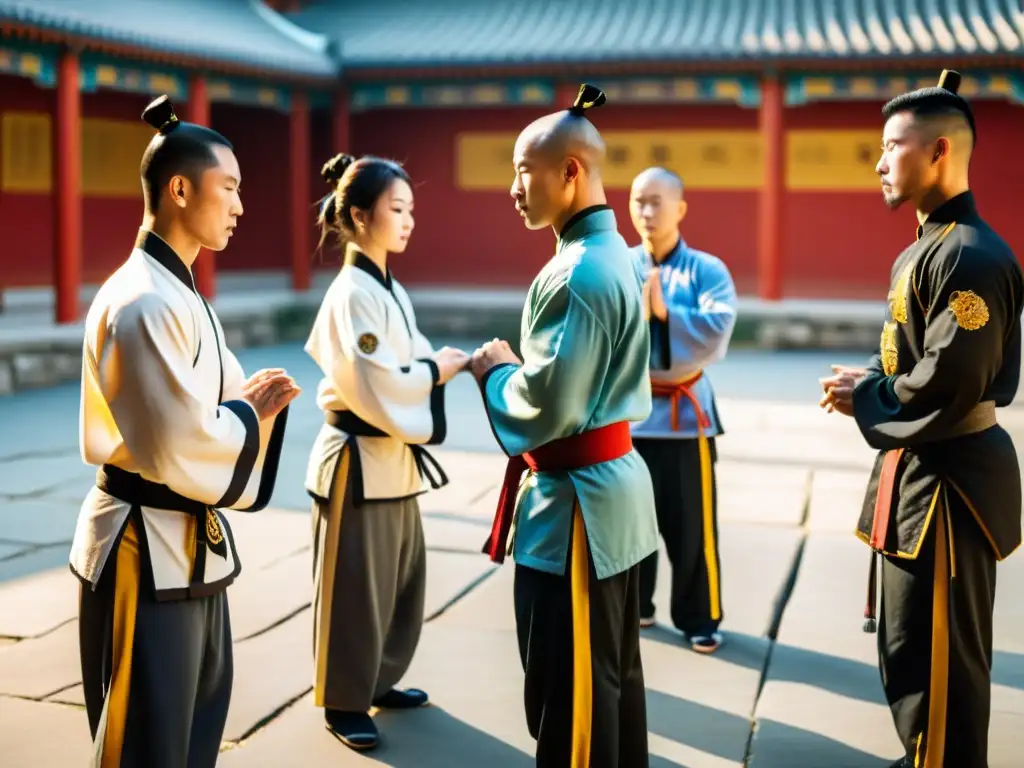 Honor y respeto en la comunidad del Kung Fu: Practicantes en trajes tradicionales se inclinan ante su instructor en un patio sereno y soleado