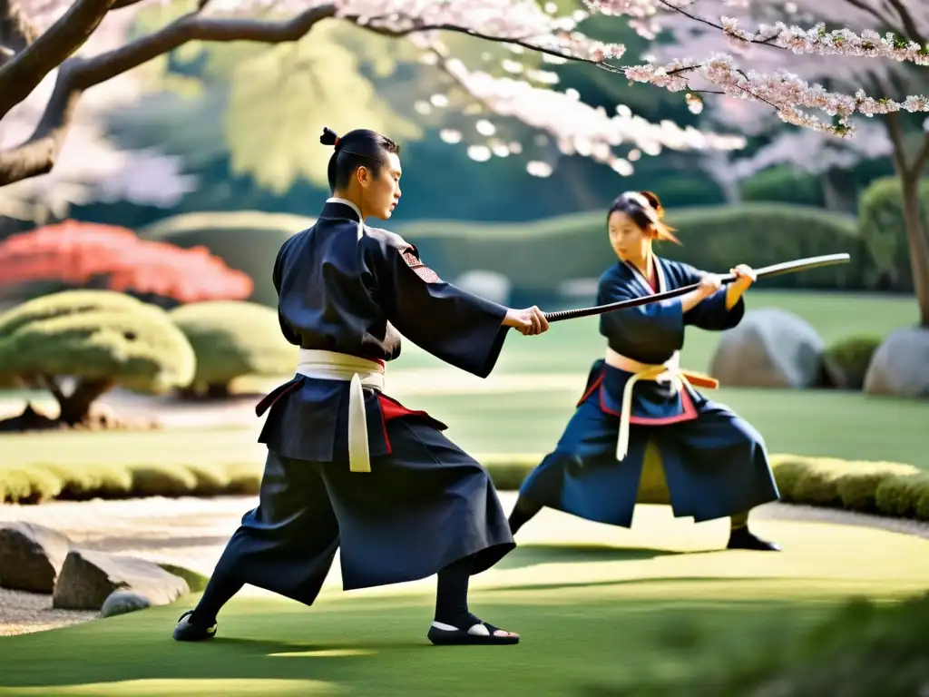 Práctica de Iaido y Kenjutsu en un jardín japonés, con una atmósfera serena y enfocada