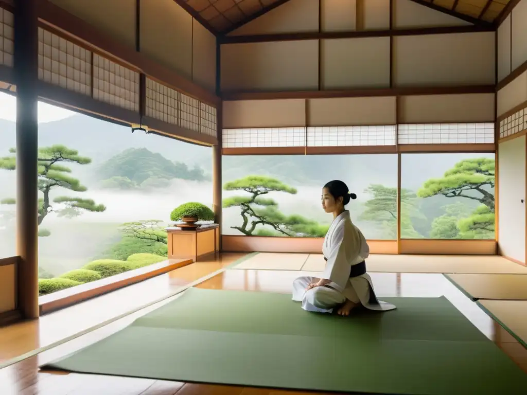 En un idílico dojo japonés, practicantes de Aikido muestran armonía y técnica, envueltos en la belleza natural de Japón