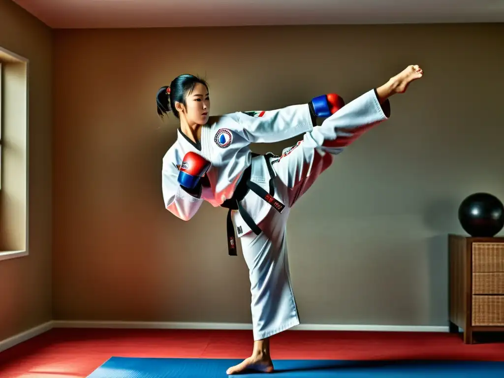 Imagen de alta definición de un artista marcial haciendo una patada precisa y poderosa en un ambiente hogareño espacioso y bien iluminado, destacando la dedicación al entrenamiento de Taekwondo en casa