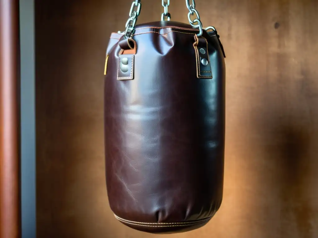 Imagen de alta calidad de una bolsa de golpeo de cuero en un espacio de entrenamiento, resaltando la importancia de la bolsa en las artes marciales