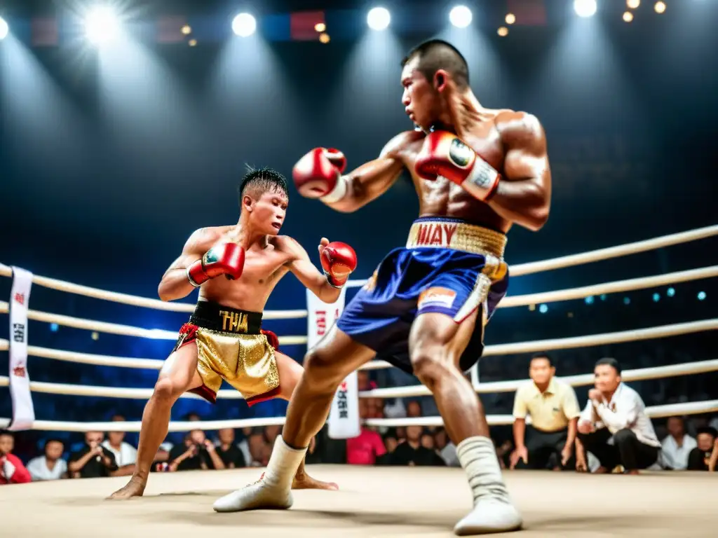 Imagen de alta resolución estilo documental de antiguos luchadores de Muay Thai en plena batalla, mostrando determinación y enfoque