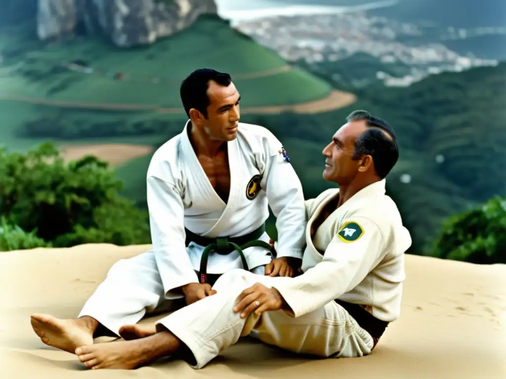 Imagen de alta resolución estilo documental de los hermanos Gracie demostrando técnicas de JiuJitsu en Brasil a principios del siglo XX