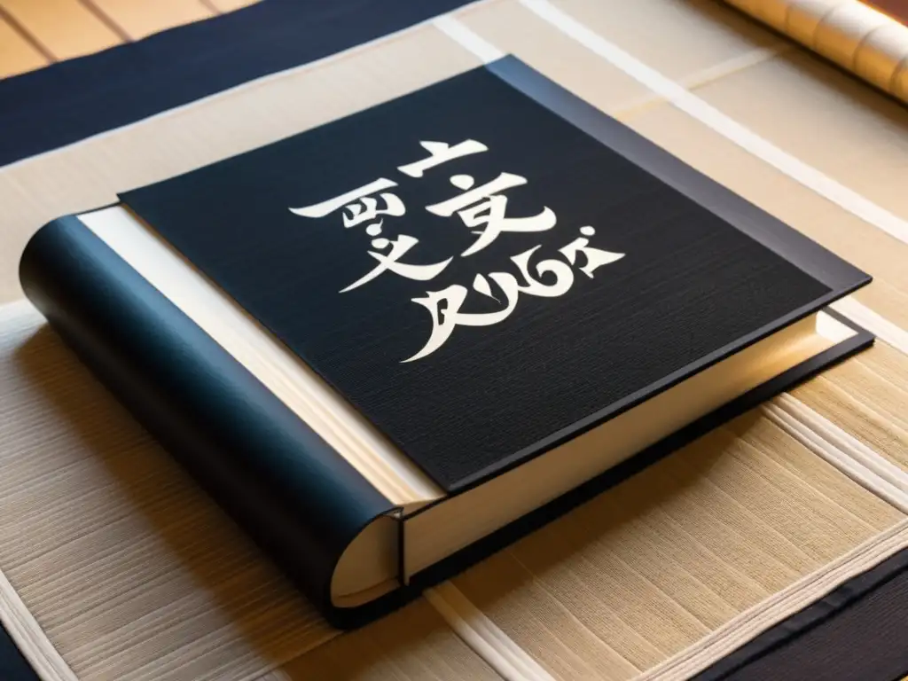 El Libro de los Cinco Anillos: Sabiduría y Belleza Una imagen de alta resolución del famoso 'Libro de los Cinco Anillos' de Miyamoto Musashi, iluminado por luz natural, sobre un tatami japonés