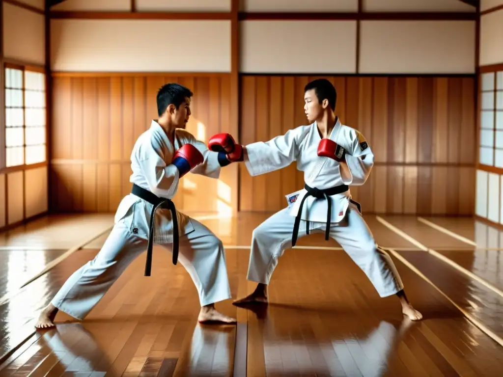 Imagen de alto detalle de dos practicantes de karate en combate Kumite, con expresiones concentradas y movimientos intensos en un dojo tradicional