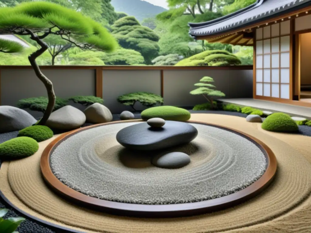 Imagen de un apacible jardín Zen en blanco y negro, evocando la influencia de la filosofía Zen en el pensamiento occidental