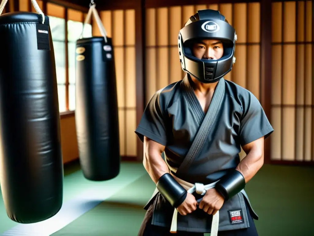 Imagen de alta resolución de artes marciales con cascos y protectores oficiales, destacando la destreza y precisión en el dojo