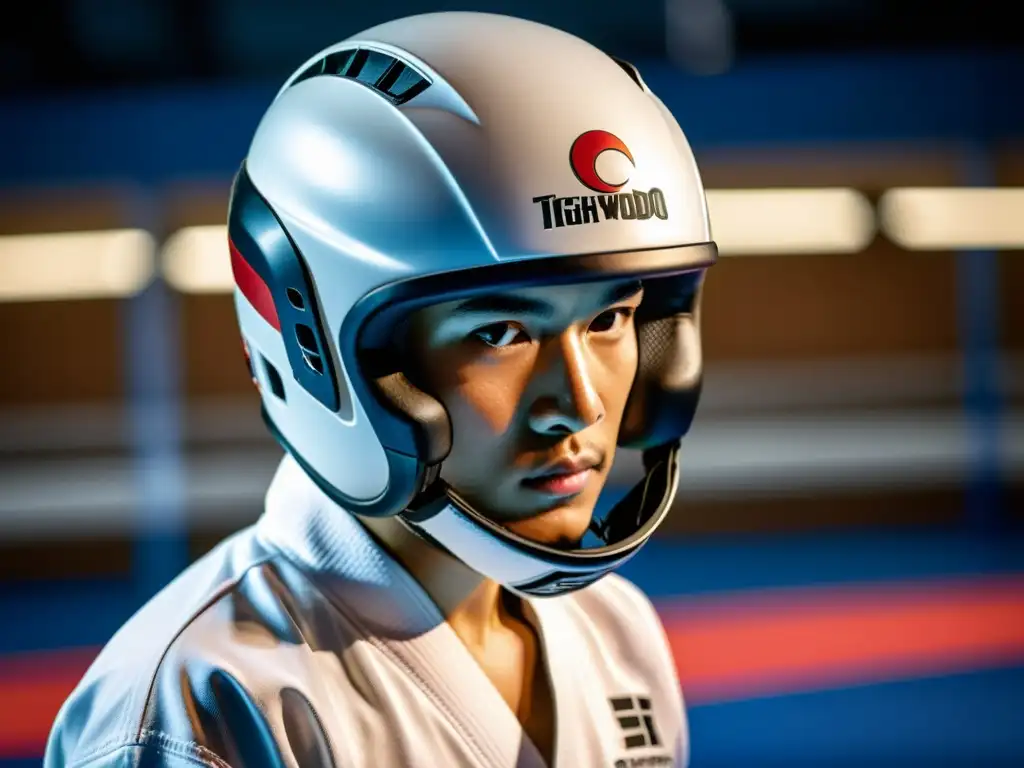 Imagen de un atleta de Taekwondo con casco de alta tecnología, destacando su diseño y absorción de impactos