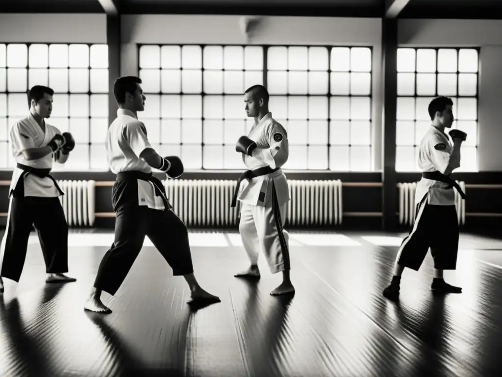 Una imagen en blanco y negro de un antiguo dojo francés con estudiantes de Savate practicando técnicas