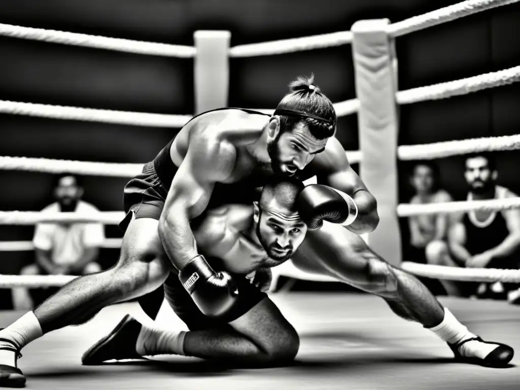 Imagen en blanco y negro de antiguos atletas griegos practicando pankration, el brutal deporte que combinaba lucha y boxeo