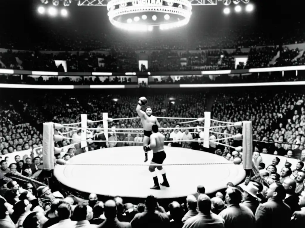 Imagen en blanco y negro de una arena llena en un emocionante combate de lucha libre en los orígenes y evolución de la lucha libre