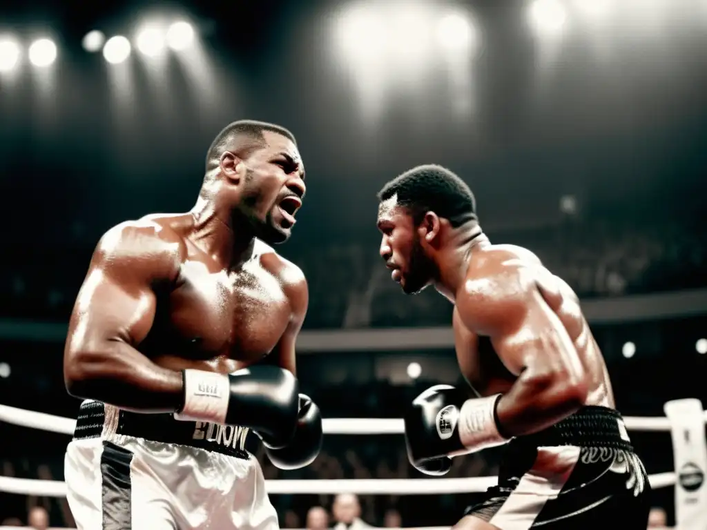 Imagen en blanco y negro de dos boxeadores en un intenso combate en el ring, capturando la emoción de revivir peleas legendarias en PayPerView