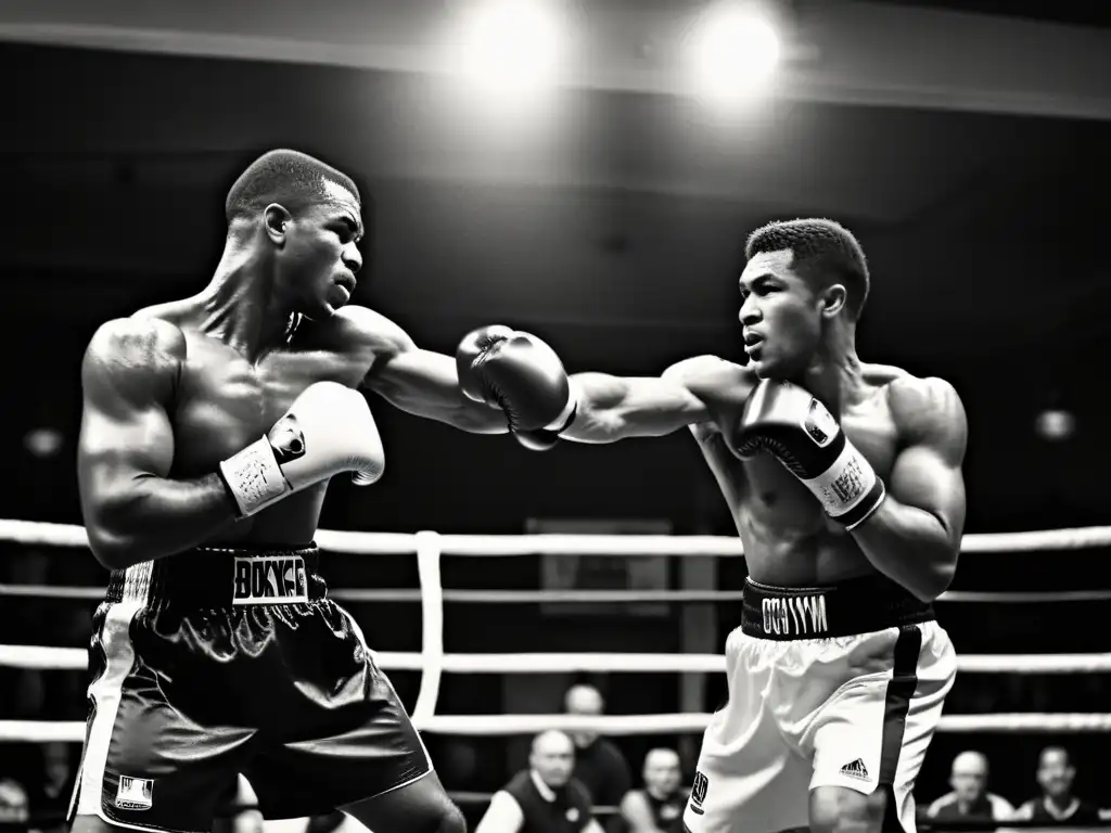 Imagen en blanco y negro de boxeadores en intenso combate en un gimnasio antiguo