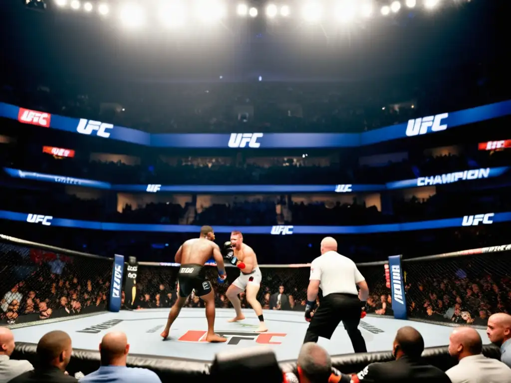 Imagen en blanco y negro de un emocionante combate de UFC en un abarrotado estadio, capturando el impacto cultural de las artes marciales mixtas