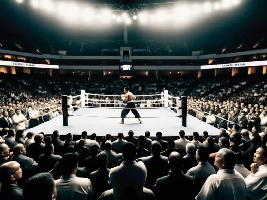 Imagen en blanco y negro de un evento de artes marciales con un luchador solitario en el centro del ring, rodeado de una multitud de espectadores