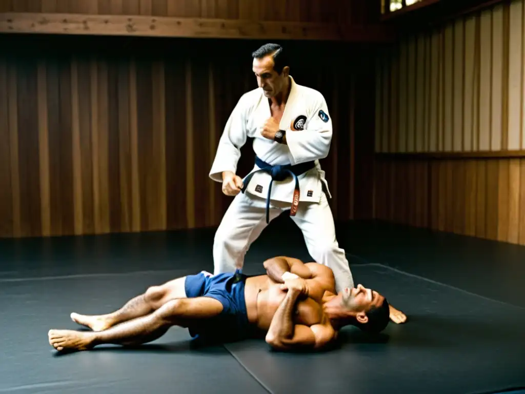 Imagen en blanco y negro de Helio Gracie ejecutando un armbar en el JiuJitsu Brasileño, evocando su origen y evolución