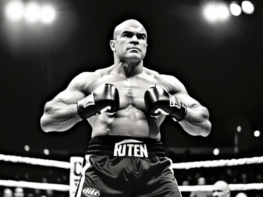 Imagen en blanco y negro de Bas Rutten en un octágono, listo para la batalla