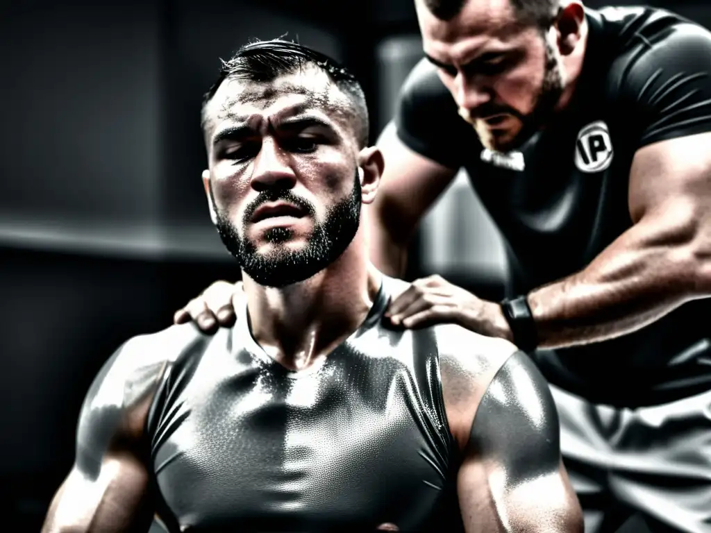 Intensa terapia física para luchador de MMA Imagen en blanco y negro de un luchador de MMA en rehabilitación intensa, con sudor en su rostro determinado