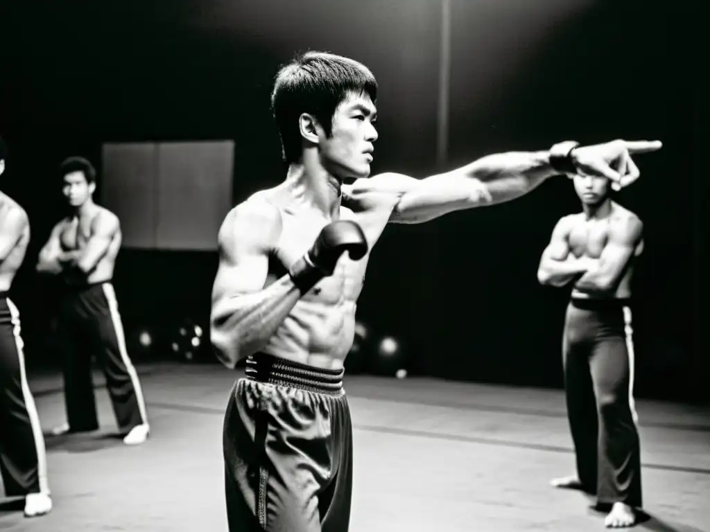 Imagen en blanco y negro de Bruce Lee dando una patada, rodeado de estudiantes en un estudio de cine