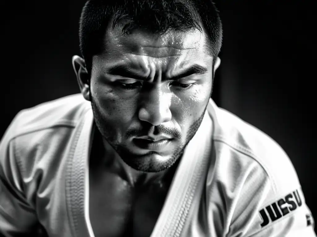 Una imagen en blanco y negro de un practicante de JiuJitsu con expresión de determinación y enfoque en su oponente