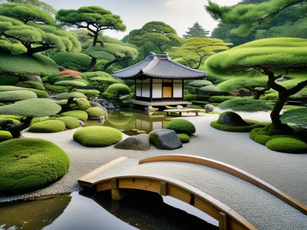 Imagen en blanco y negro de un sereno jardín Zen japonés, con estructuras de madera, un pequeño puente de piedra y un estanque tranquilo