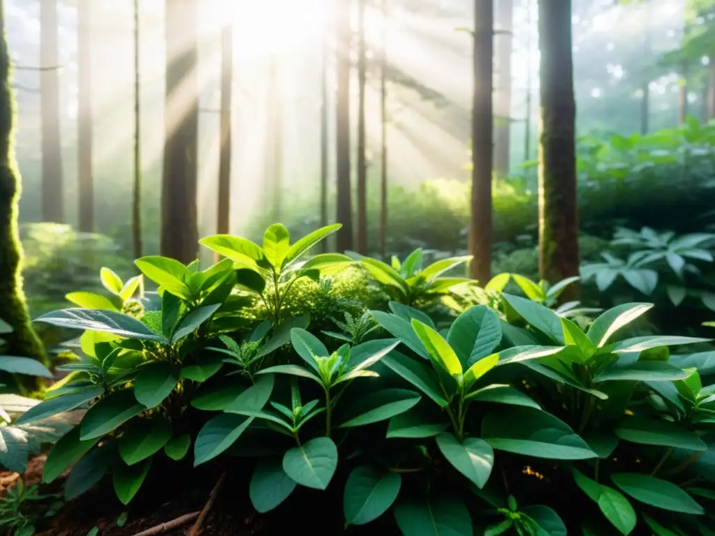 Imagen de un bosque sereno con hierbas adaptógenas para estrés en primer plano, iluminado por la luz del sol filtrándose a través del dosel del bosque