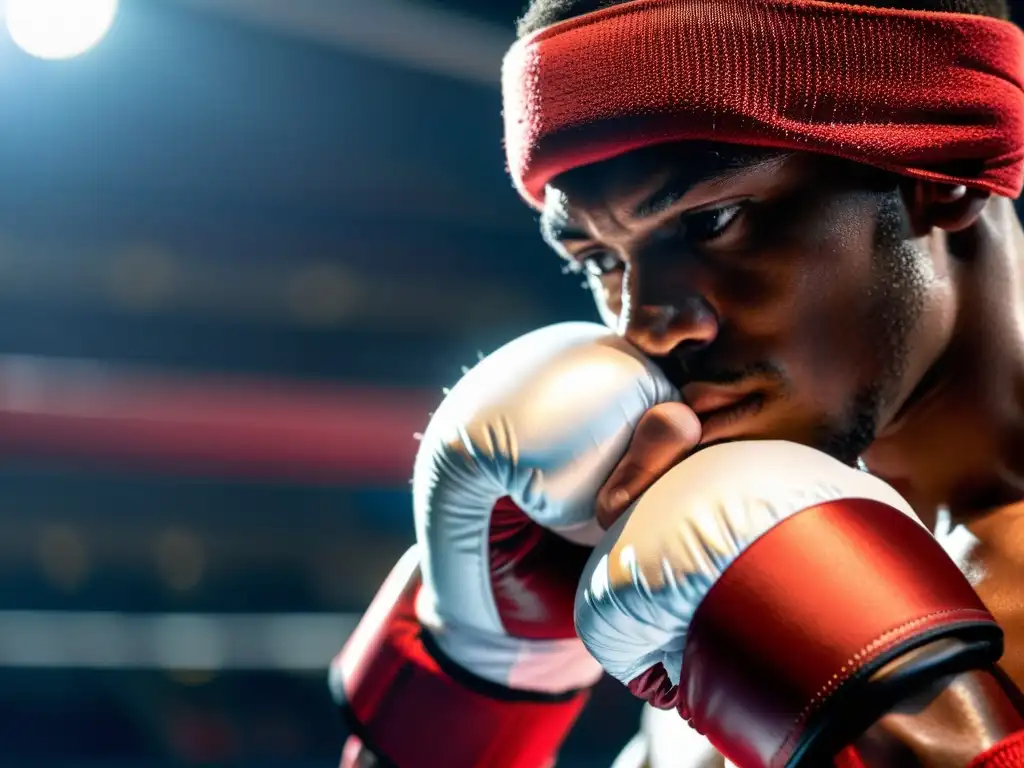 Imagen de boxeador con vendas rojas, preparándose para entrenamiento