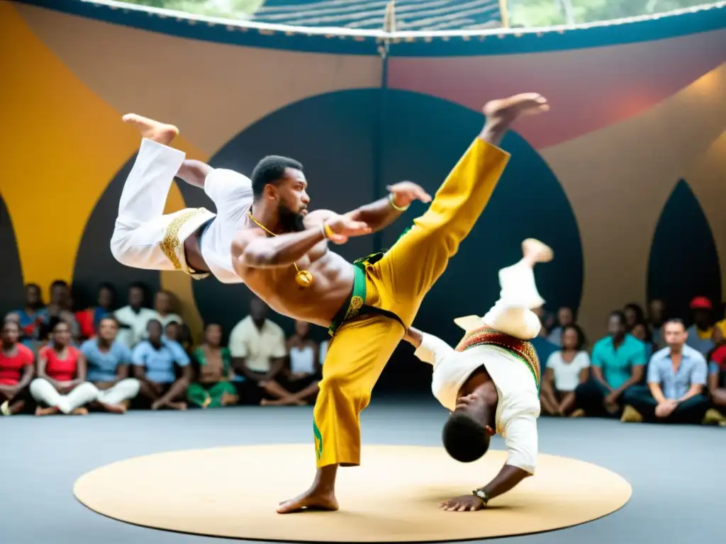 Imagen de capoeira con Diferencias entre Capoeira Regional y Capoeira Angola, en un ambiente cultural y dinámico lleno de energía y expresión