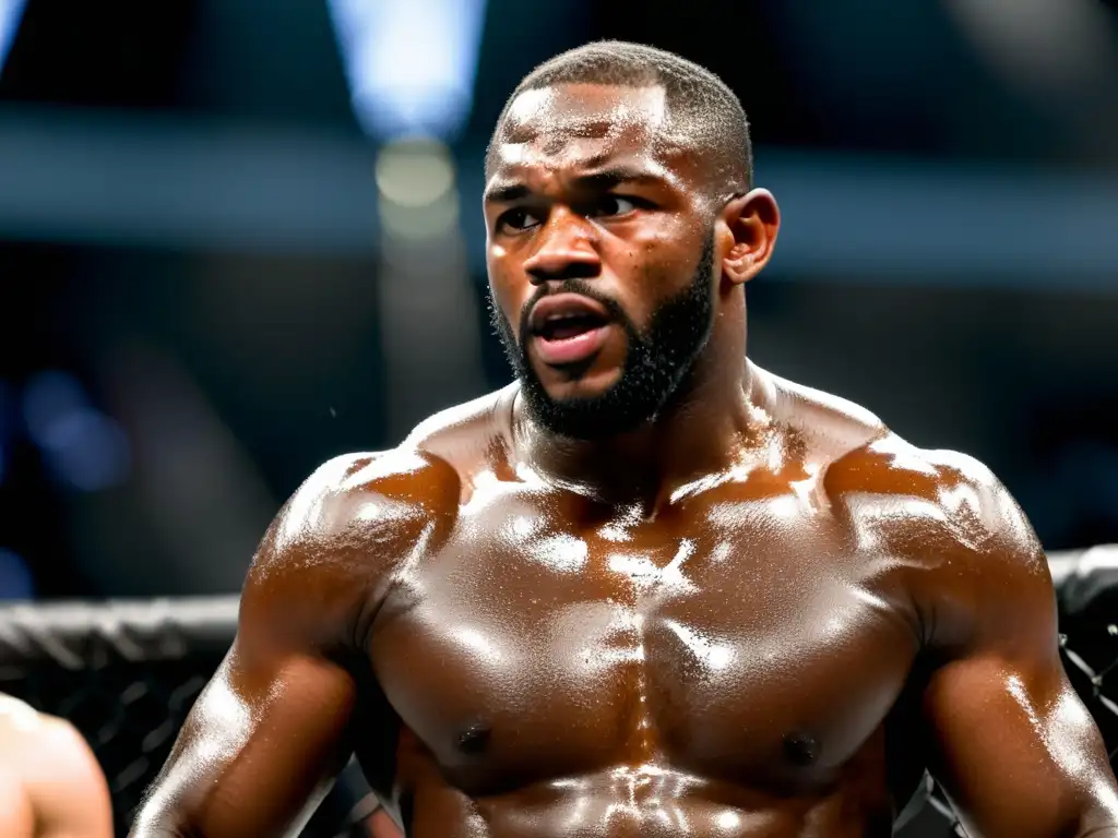 Jon Jones MMA: Imagen de alta resolución captura la intensa batalla de MMA, con sudor en su rostro determinado ejecutando un potente golpe