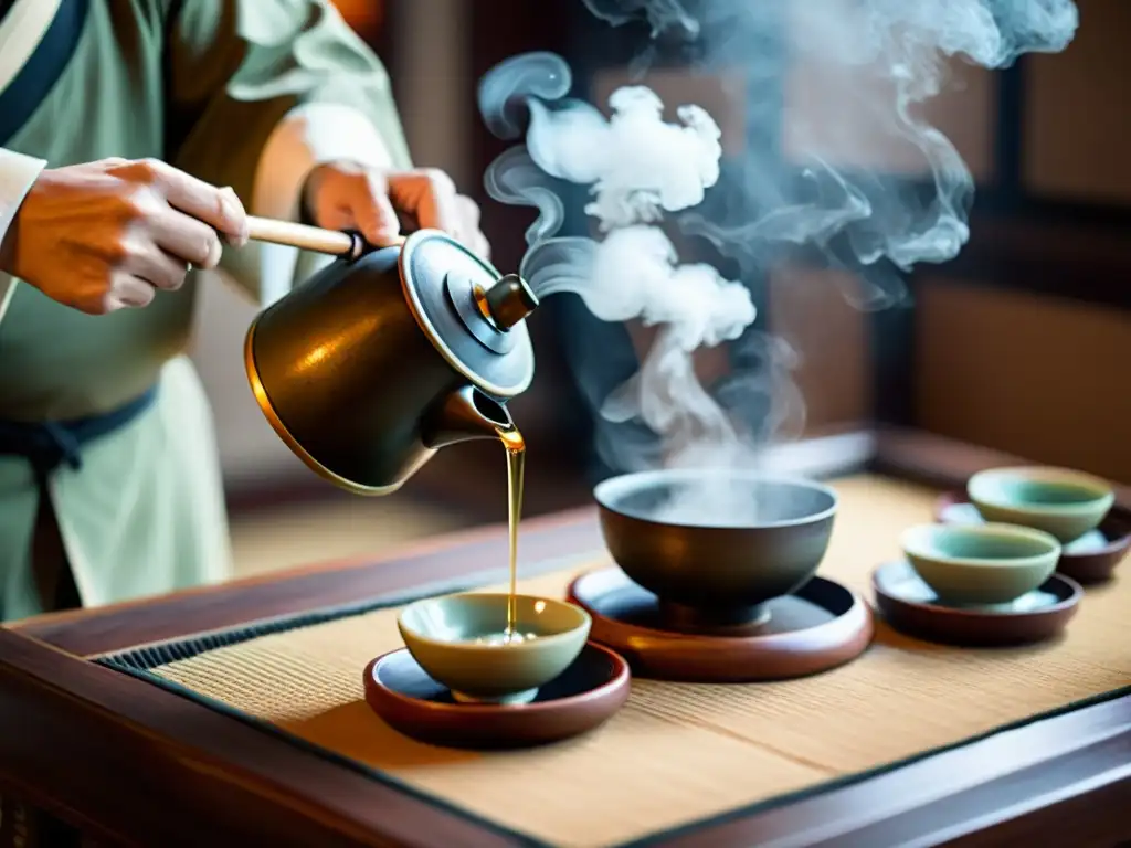 Una imagen de una ceremonia tradicional china de té, con un maestro sirviendo té en tazas delicadas mientras el vapor se eleva