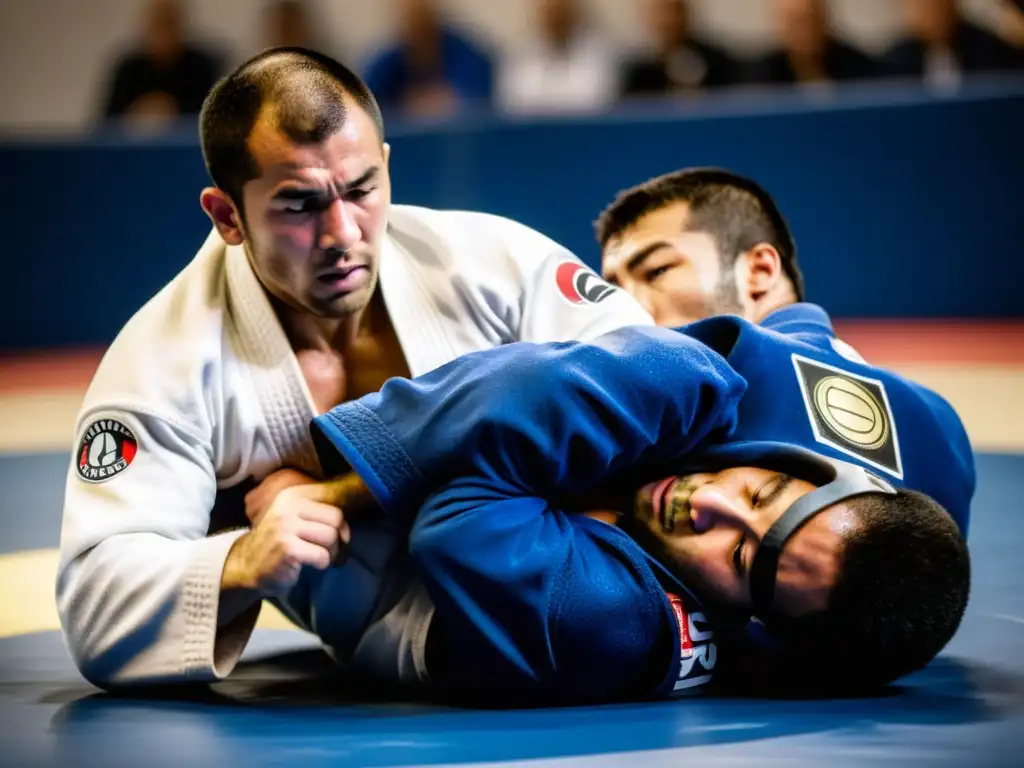 Imagen de dos competidores de JiuJitsu en un intenso intercambio durante un torneo, mostrando el análisis táctico en JiuJitsu