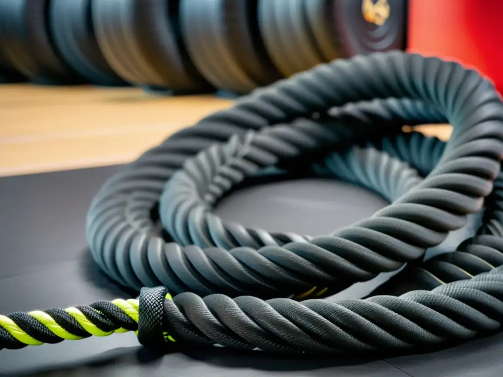 Imagen de cuerdas de batalla entrenamiento marcial en un dojo, mostrando fuerza y determinación en la práctica