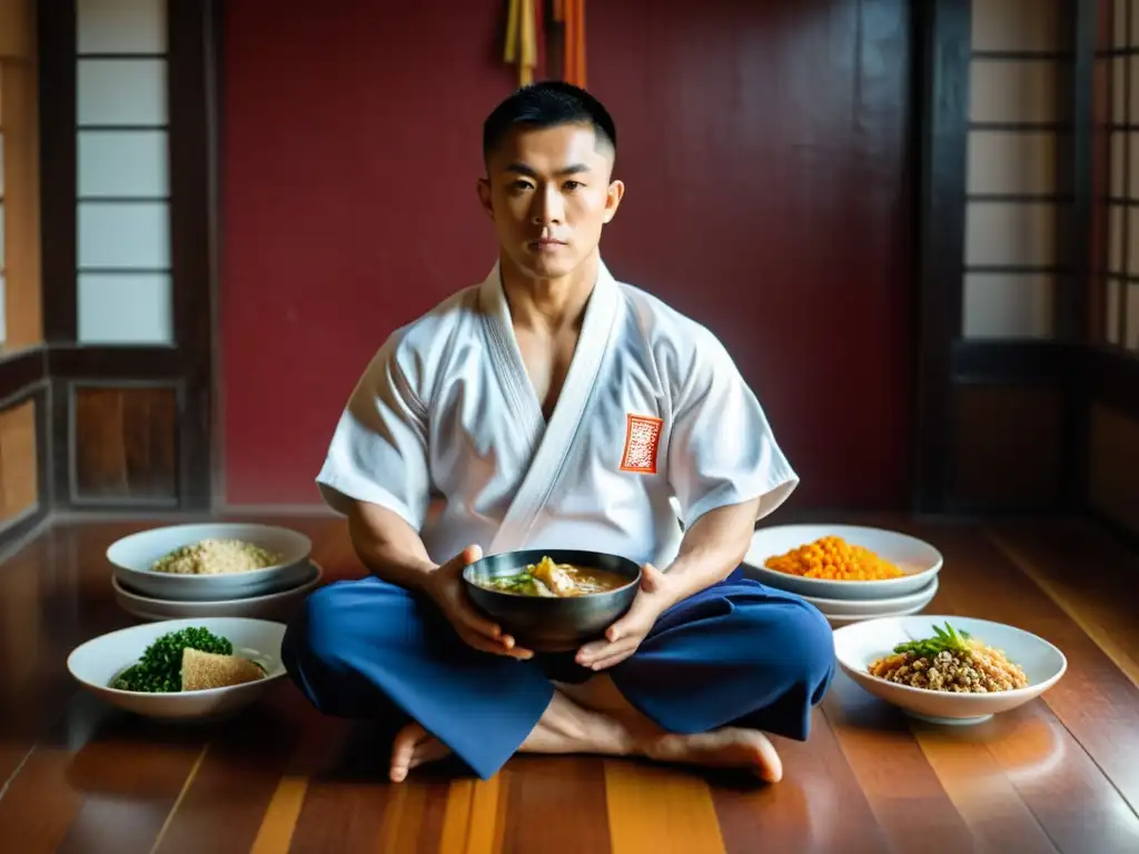 Imagen detallada de un artista marcial en postura meditativa, rodeado de comida colorida y nutritiva