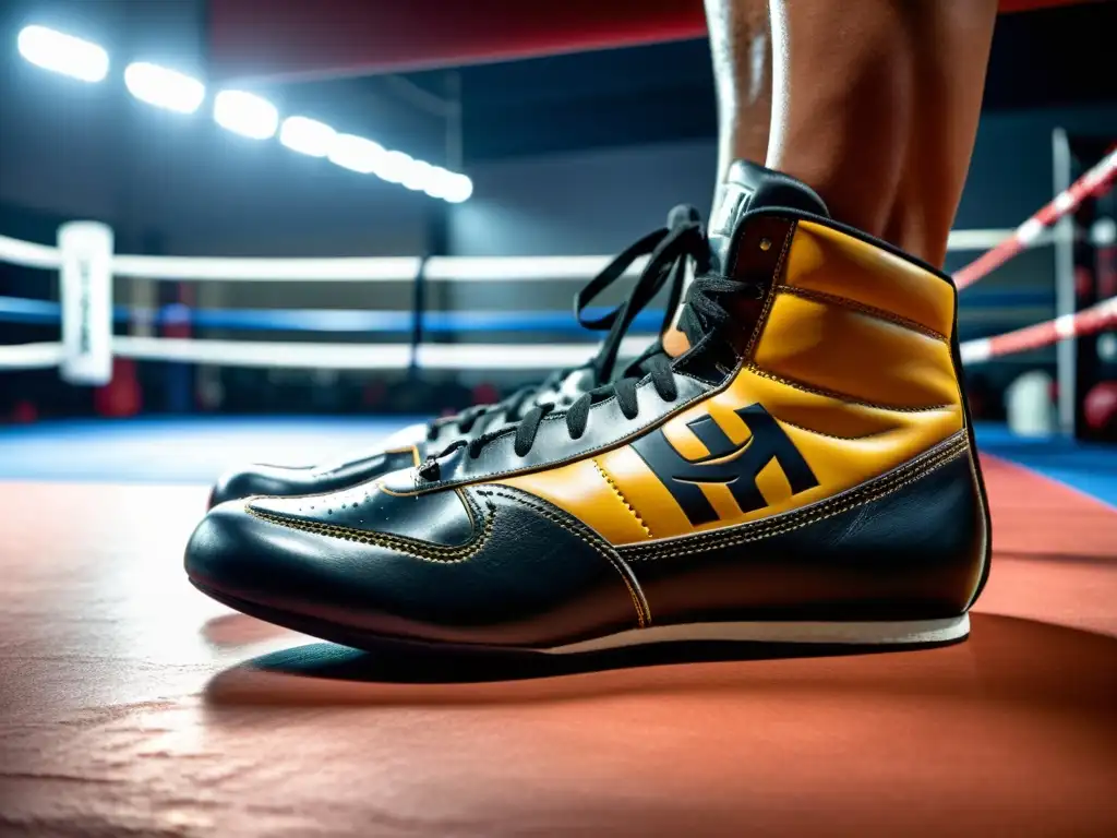 Imagen detallada de botas de boxeo de alta calidad en un ambiente de gimnasio con una atmósfera intensa