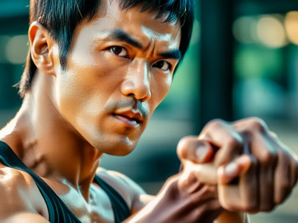 Imagen detallada en 8k de Bruce Lee ejecutando un preciso y poderoso golpe de Wing Chun, mostrando su enfoque y determinación