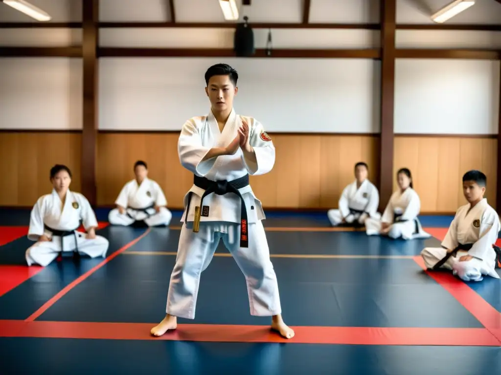 Imagen detallada de un dojo de artes marciales con un sensei y estudiantes, destacando la disciplina, técnica y determinación