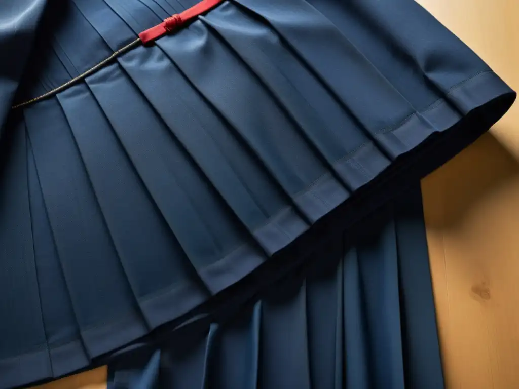 Una imagen 8k detallada de un hakama japonés tradicional de tela teñida con índigo, con pliegues e detalles de costura