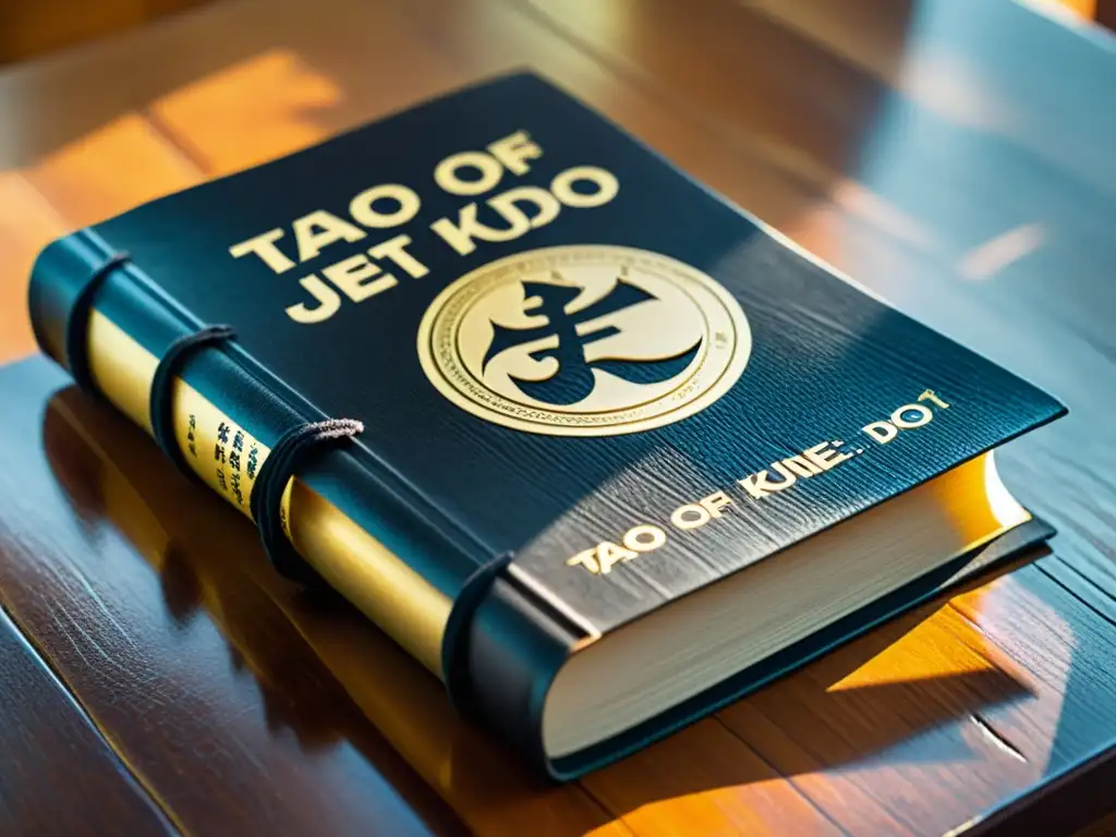 Imagen detallada de libro 'Tao Jeet Kune Do Bruce Lee' en mesa de madera iluminada, invitando a descubrir la sabiduría de Bruce Lee