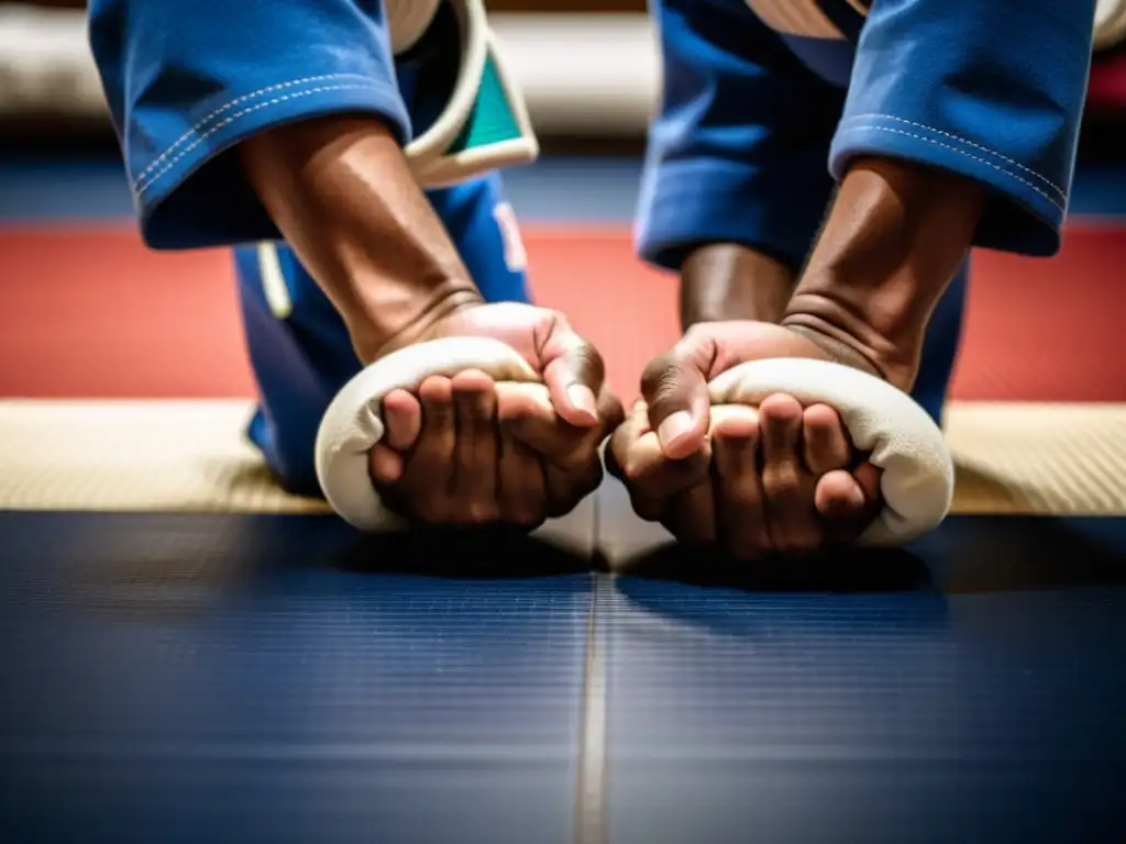 Imagen detallada de practicantes de JiuJitsu realizando un saludo de respeto en el tatami, destacando el protocolo y reglas en torneos JiuJitsu