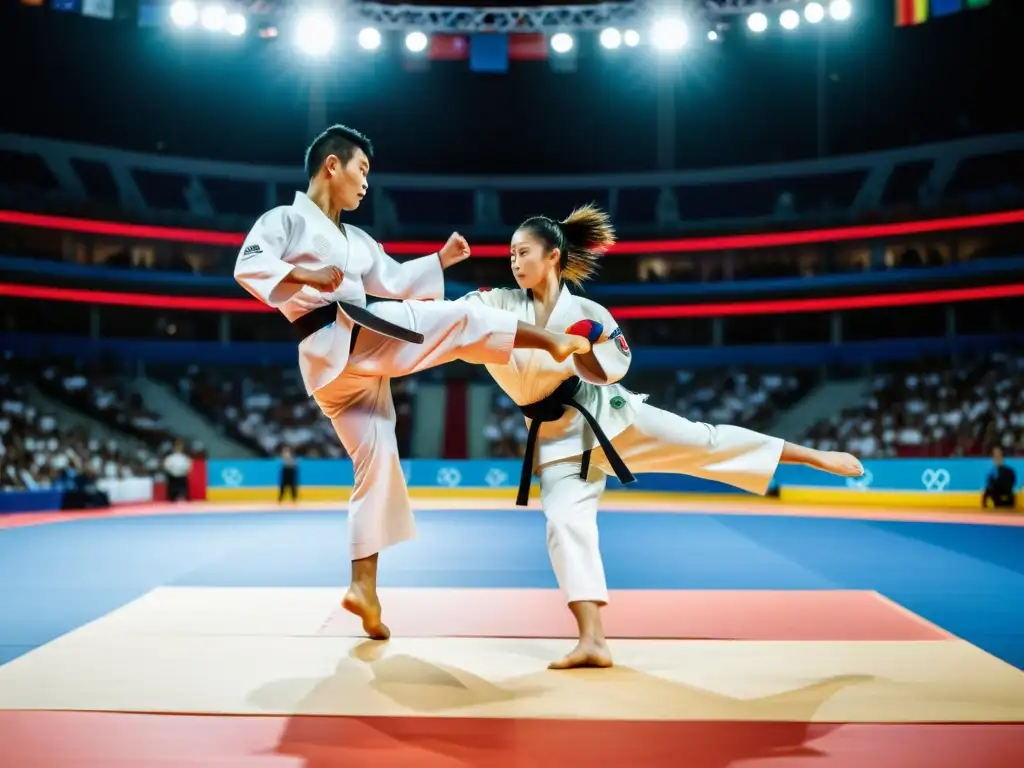 Imagen detallada de la primera competición olímpica de karate, con atletas enfocados y poderosos movimientos, fusionando tradición y modernidad